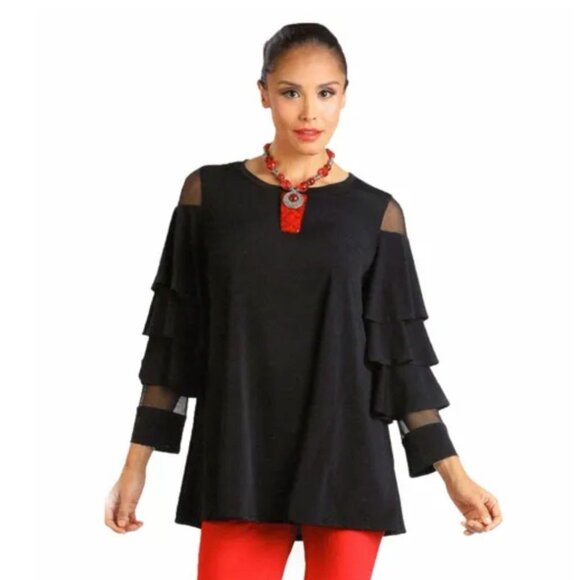 IC COLLECTION Tops - IC Collection Layered Sleeve with Mesh Long Sleeve Black Knit Tunic Top S